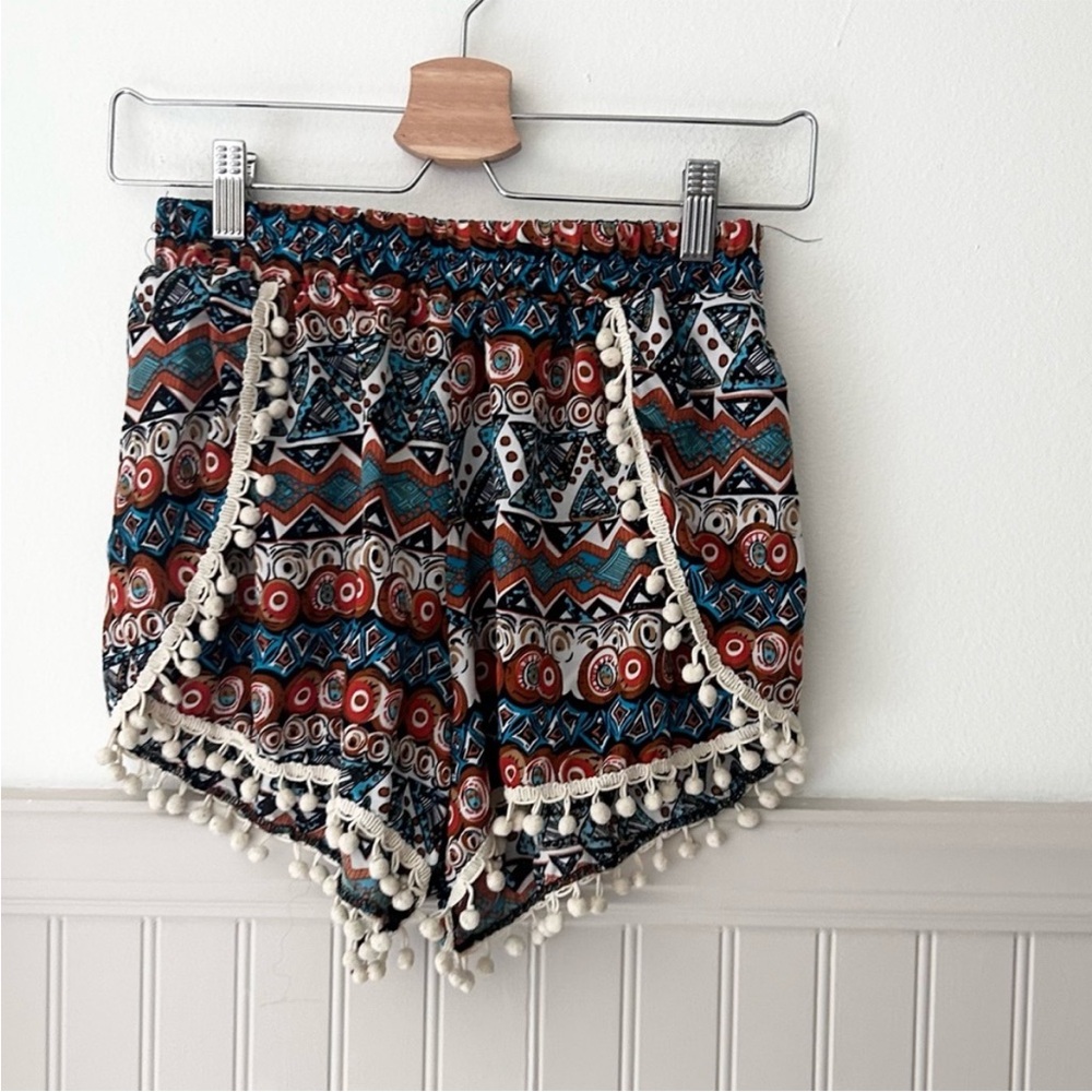 Shosho Medium High Waist Geometric Patterned Shorts with Pom Pom Trim